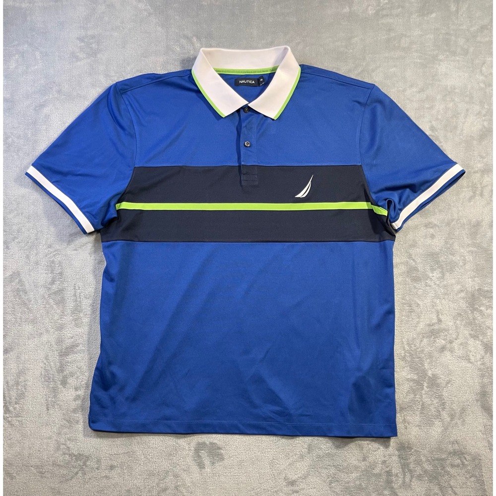Nautica Mens Striped Performance Polo Shirt XXL Blue Colorblock Athletic